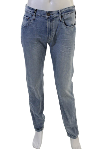 Paige Mens Straight Jeans Light Blue Button Fly Mid Rise Size 30