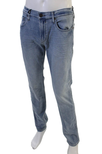 Paige Mens Straight Jeans Light Blue Button Fly Mid Rise Size 30