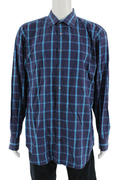 Bugatchi Mens Dark Blue Check Cotton Spread Button-Up Shirt Size XL