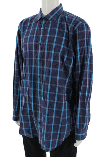 Bugatchi Mens Dark Blue Check Cotton Spread Button-Up Shirt Size XL