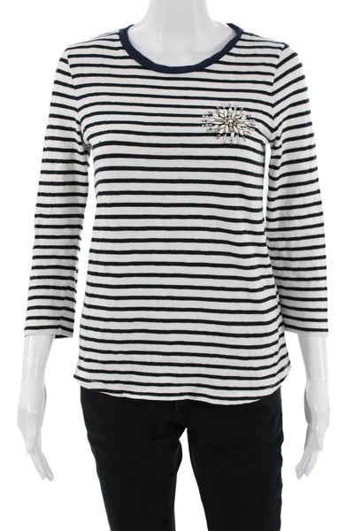 J Crew Womens Black Striped Ringer T-Shirt 3/4 Sleeve Crew Neck Cotton Size S
