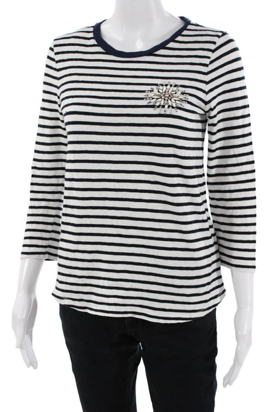 J Crew Womens Black Striped Ringer T-Shirt 3/4 Sleeve Crew Neck Cotton Size S