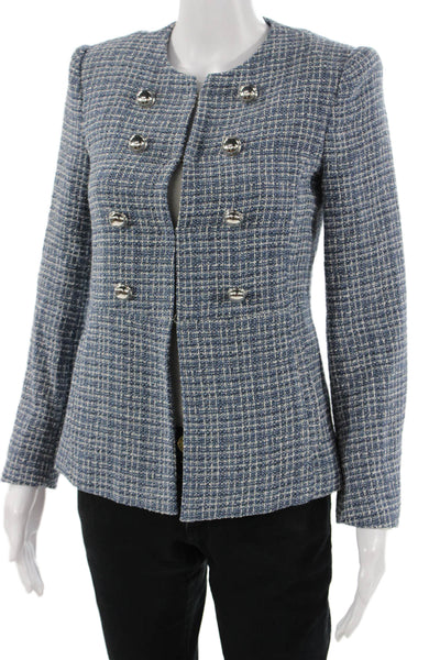 Zara Women Checked Cotton Blend Blazer Button Crew Neck Long Sleeve Size S