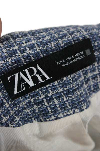 Zara Women Checked Cotton Blend Blazer Button Crew Neck Long Sleeve Size S