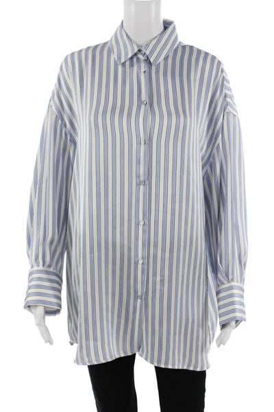 Zara Women Blue Striped Polyester Collared Button-Up Blouse Long Sleeve Size XS