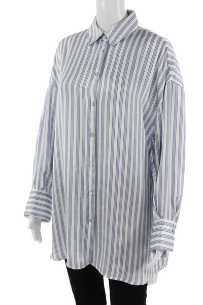 Zara Women Blue Striped Polyester Collared Button-Up Blouse Long Sleeve Size XS