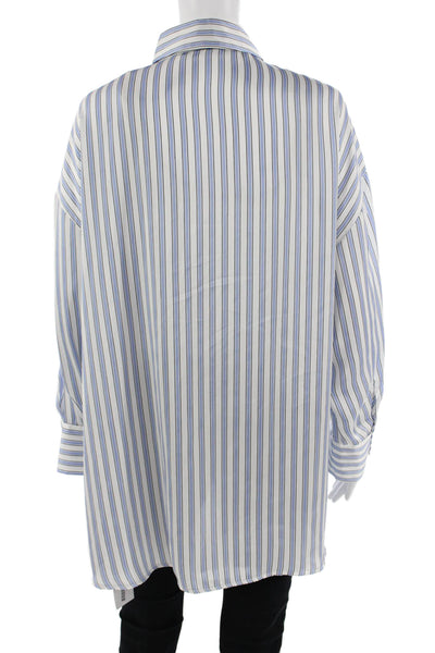 Zara Women Blue Striped Polyester Collared Button-Up Blouse Long Sleeve Size XS
