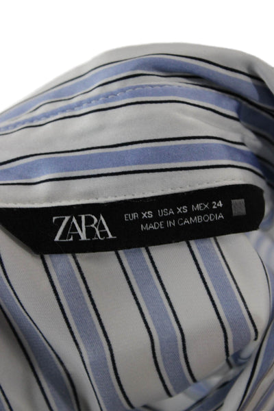 Zara Women Blue Striped Polyester Collared Button-Up Blouse Long Sleeve Size XS