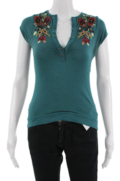 Etro Womens Boho Floral Jersey Tee V-Neck Short Sleeve Green Size M