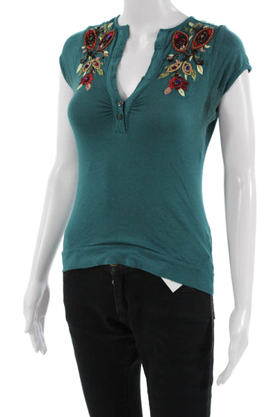 Etro Womens Boho Floral Jersey Tee V-Neck Short Sleeve Green Size M