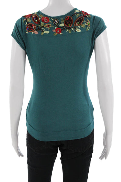 Etro Womens Boho Floral Jersey Tee V-Neck Short Sleeve Green Size M