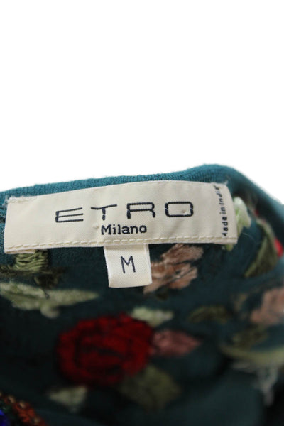 Etro Womens Boho Floral Jersey Tee V-Neck Short Sleeve Green Size M