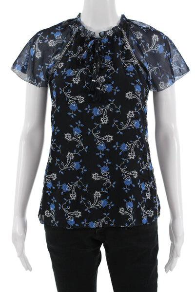 Ecru Women Black Floral Short Sleeve Drawstring Blouse Polyester Size XS