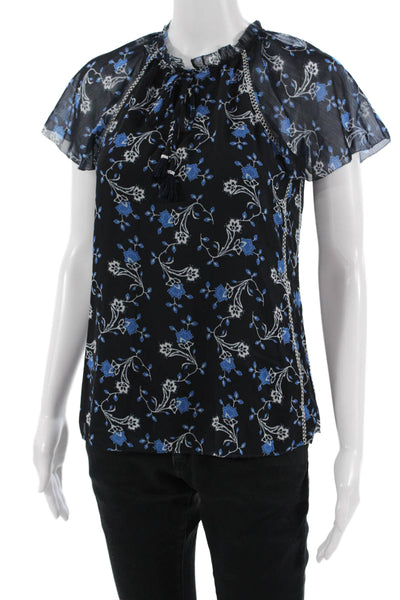 Ecru Women Black Floral Short Sleeve Drawstring Blouse Polyester Size XS