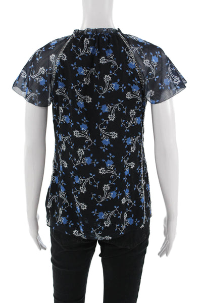Ecru Women Black Floral Short Sleeve Drawstring Blouse Polyester Size XS