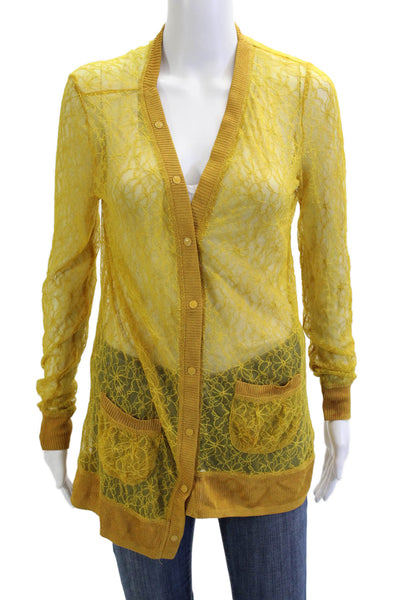 Rodarte Womens Cardigan VNeck Yellow Floral Button Nylon Long Sleeve Size L
