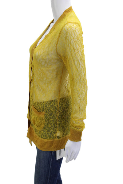 Rodarte Womens Cardigan VNeck Yellow Floral Button Nylon Long Sleeve Size L