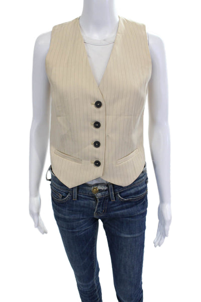 MNG Womens Beige Striped V Neck Sleeveless Button Vest Polyester Viscose Size XS