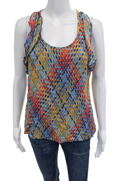 Parker Women Blue Silk Geometric Tie Neck Tank Sleeveless Size XS