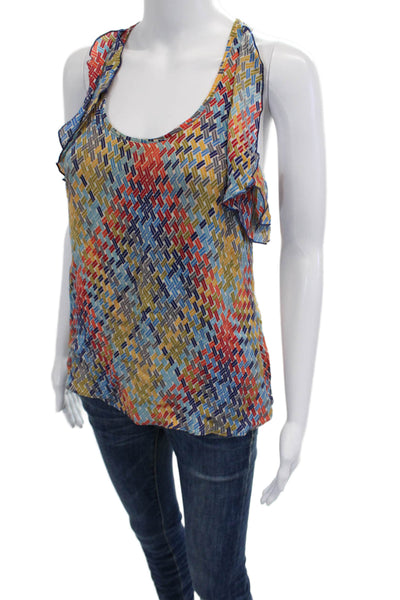 Parker Women Blue Silk Geometric Tie Neck Tank Sleeveless Size XS
