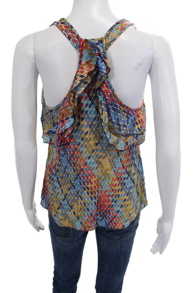 Parker Women Blue Silk Geometric Tie Neck Tank Sleeveless Size XS