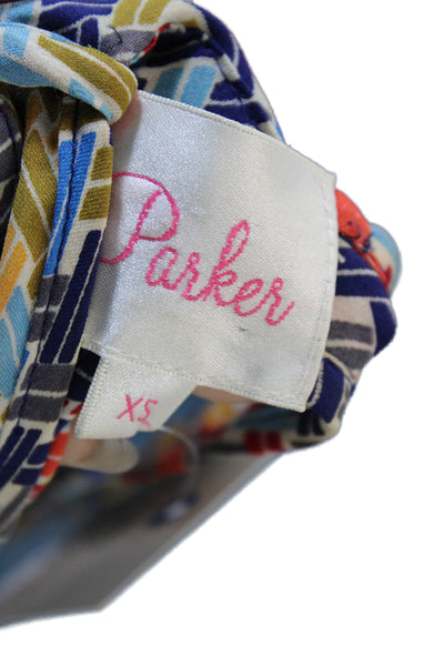 Parker Women Blue Silk Geometric Tie Neck Tank Sleeveless Size XS