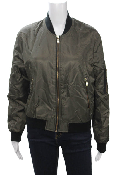 Zara Basic Women Army Bomber Jacket Green Nylon Blend Zip Long Sleeve Size S