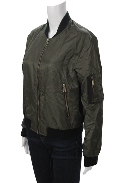 Zara Basic Women Army Bomber Jacket Green Nylon Blend Zip Long Sleeve Size S