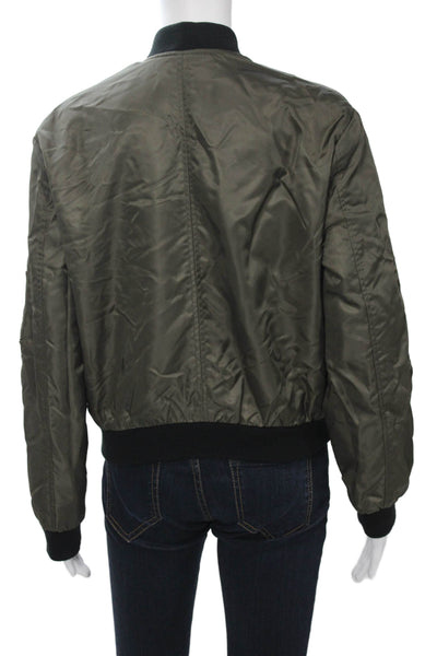 Zara Basic Women Army Bomber Jacket Green Nylon Blend Zip Long Sleeve Size S