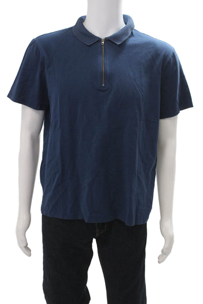 Vince Mens Short Sleeves Half Zipper Polo Shirt Blue Cotton Size Large