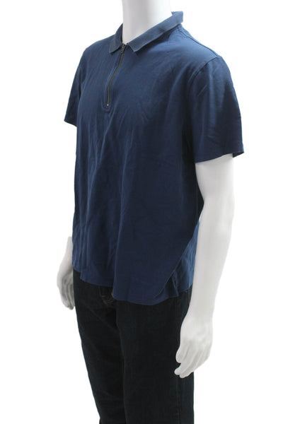 Vince Mens Short Sleeves Half Zipper Polo Shirt Blue Cotton Size Large