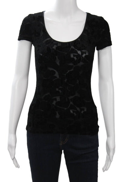 Armani Collezioni Women Basic Black Floral Round Neck T-Shirt Size 4