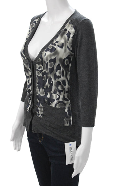 Escada Womens Dark Gray Animal Print V-Neck Button Wool Cardigan Size XS
