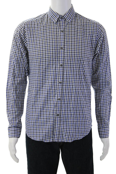 Theory Mens Cotton Collared Gingham Print Button Down Shirt Blue Size S