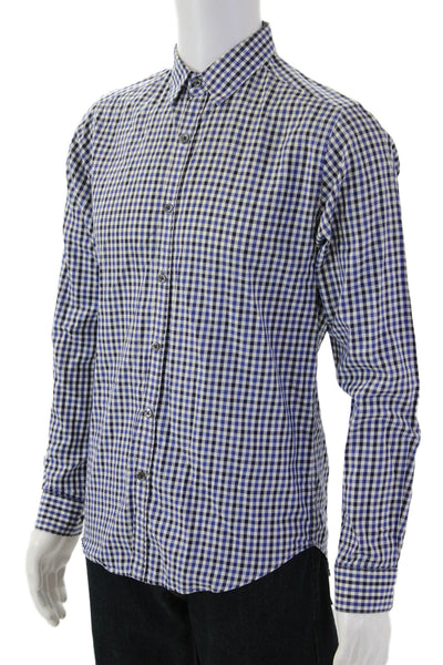 Theory Mens Cotton Collared Gingham Print Button Down Shirt Blue Size S