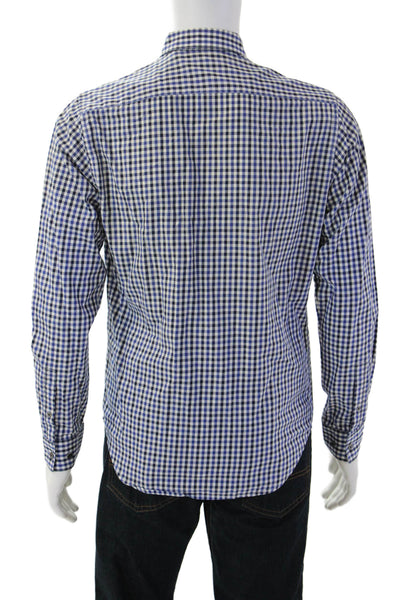 Theory Mens Cotton Collared Gingham Print Button Down Shirt Blue Size S
