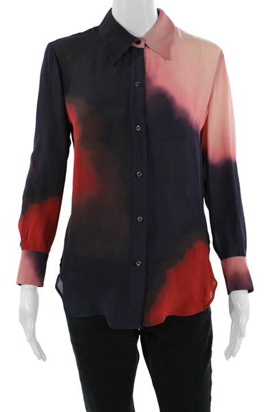 ALC Women Dark Blue Silk Collared Button Up Long Sleeve Blouse Size 0
