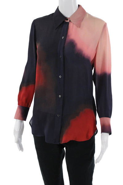 ALC Women Dark Blue Silk Collared Button Up Long Sleeve Blouse Size 0