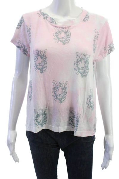 Wildfox Women Pink Animal Print Jersey T Shirt Short Sleeve Crew Neck Size M