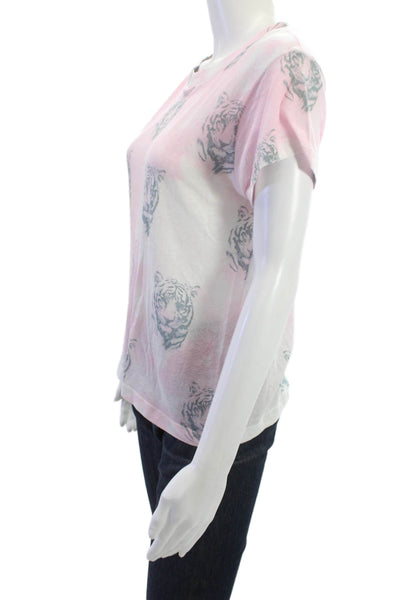 Wildfox Women Pink Animal Print Jersey T Shirt Short Sleeve Crew Neck Size M