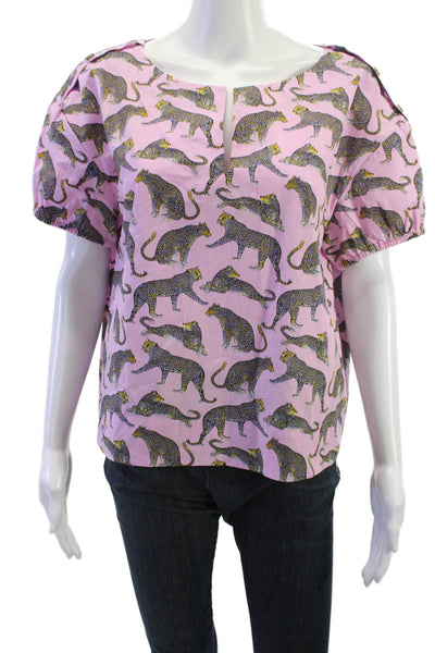 J Crew Womens Pink Animal Print Cotton Short Sleeve Button Blouse Size M