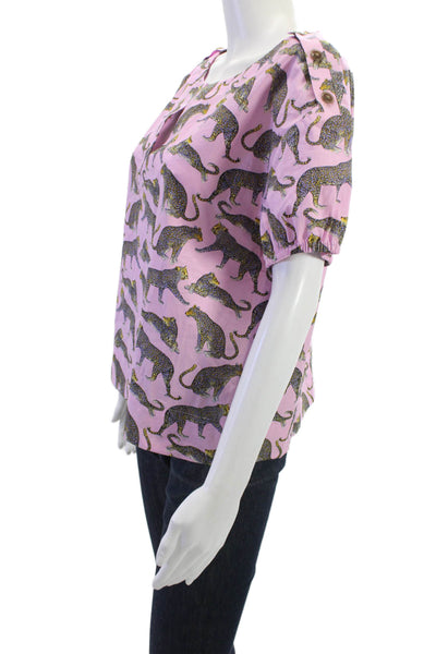 J Crew Womens Pink Animal Print Cotton Short Sleeve Button Blouse Size M