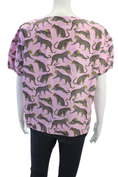 J Crew Womens Pink Animal Print Cotton Short Sleeve Button Blouse Size M
