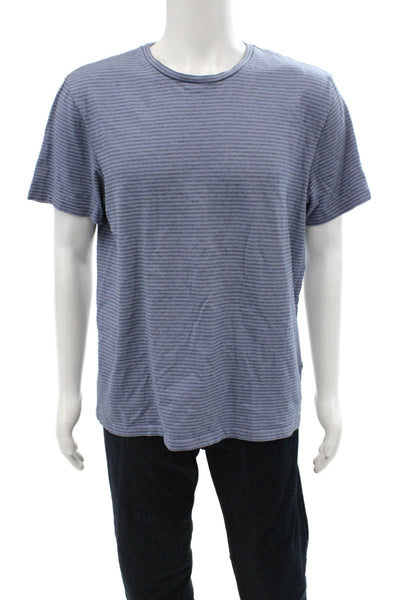 Vince Mens T-Shirt Striped Blue Crew Neck Short Sleeve Cotton Designer Size L
