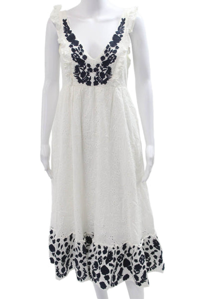 Allison Women A-Line Sundress White Cotton Floral V-Neck Button Short Size S