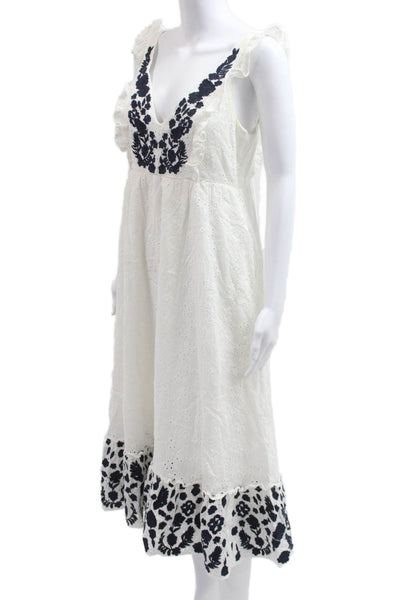 Allison Women A-Line Sundress White Cotton Floral V-Neck Button Short Size S