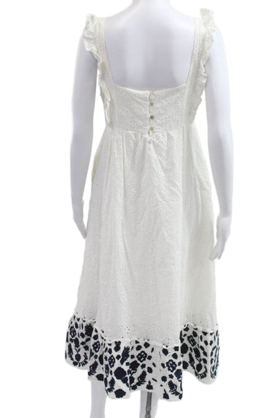 Allison Women A-Line Sundress White Cotton Floral V-Neck Button Short Size S