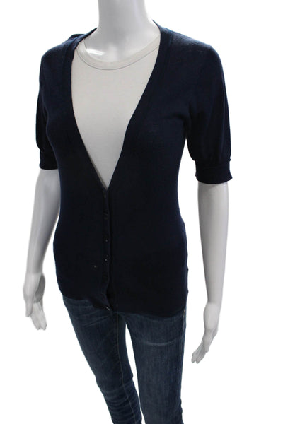 Kier + J Womens Dark Blue Cotton V-Neck Button Short Sleeve Cardigan Size XS