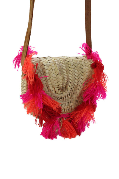 Soeur Du Maroc Womens Single Strap Fringe Woven Straw Shoulder Handbag Beige
