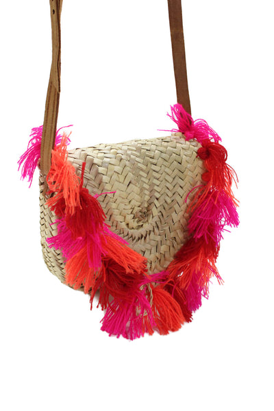 Soeur Du Maroc Womens Single Strap Fringe Woven Straw Shoulder Handbag Beige